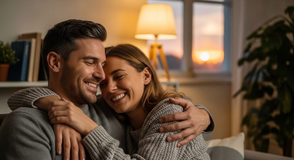 “A happy couple smiling together after resolving problems, warm lighting, positive emotional atmosphere, realistic and uplifting scene”